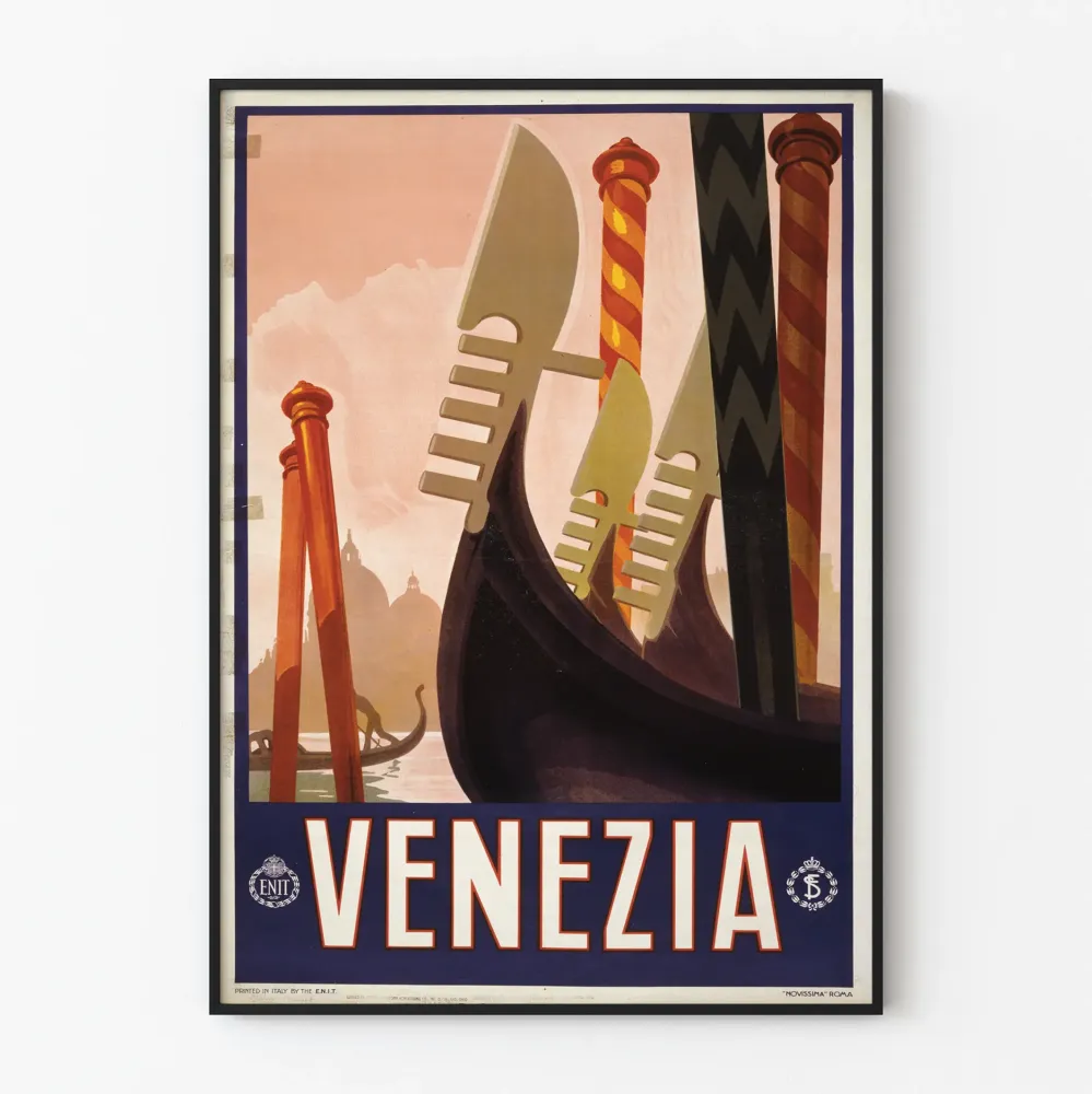 Koristejuliste vintage Venetsia - Gondolit ja värikkäät palmut