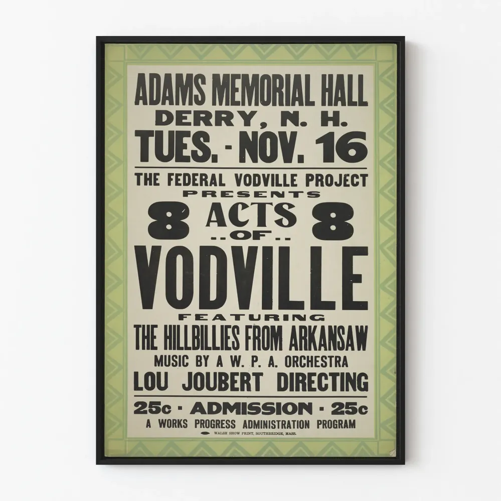 Koristejuliste vintage Vodville-näytelmästä Adams Memorial Hallissa