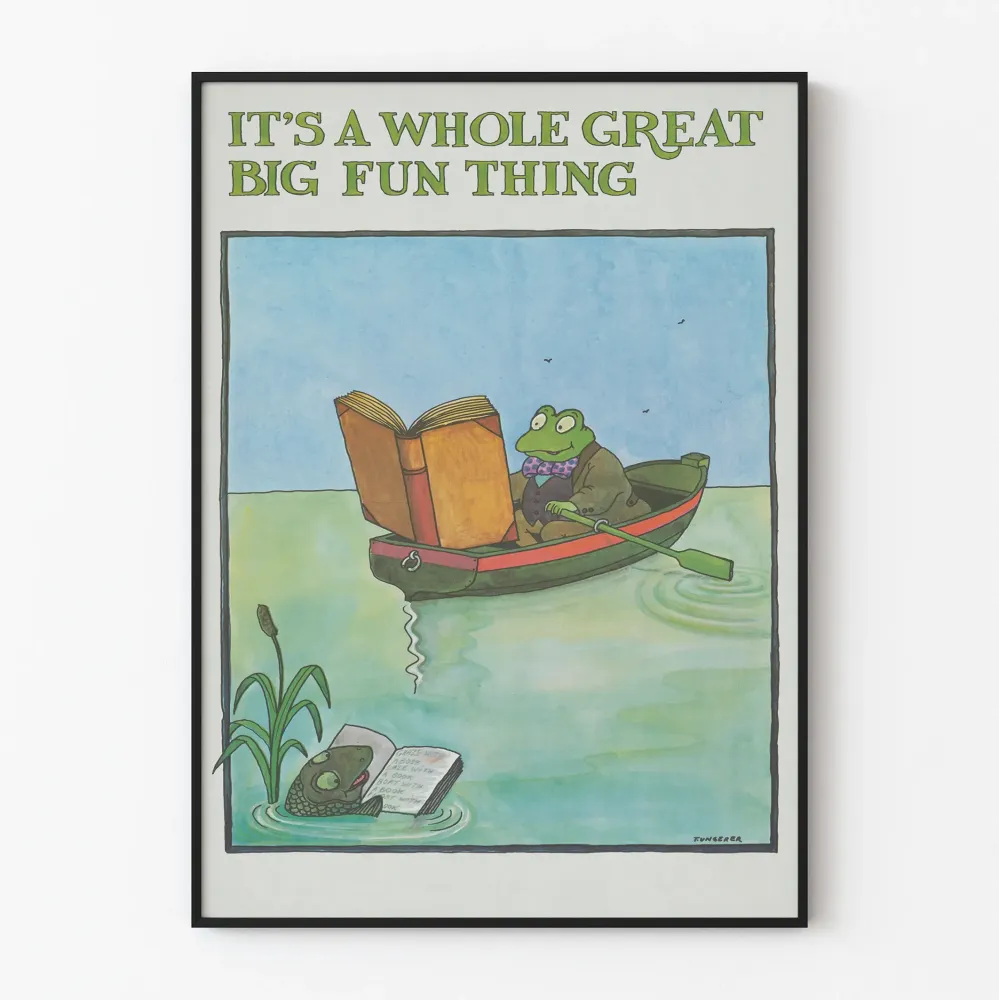 Kuvitettu juliste Sammakko lukemassa veneessä