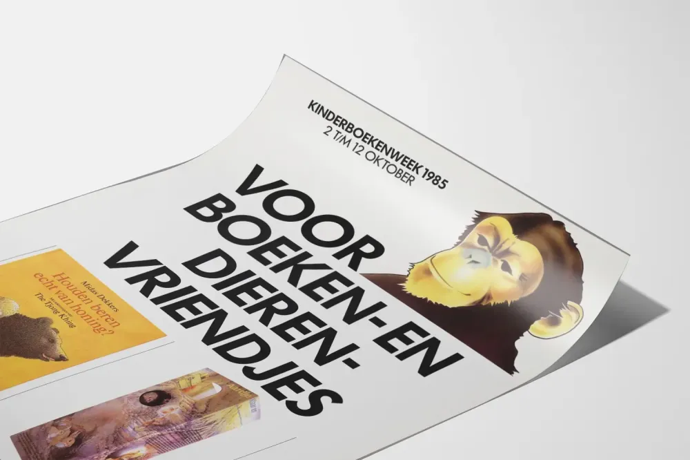 Kuvitusjuliste Kinderboekenweek 1985 - Apina ja lastenkirjat