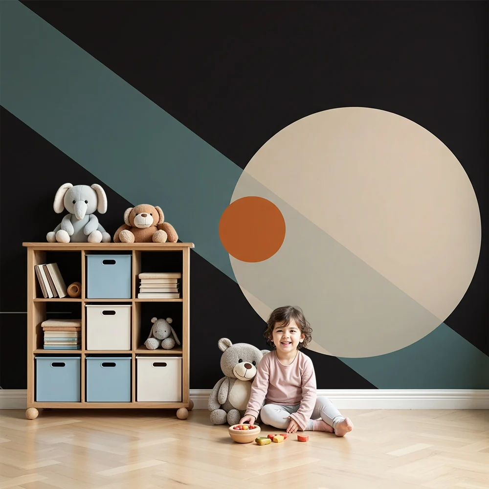 Lapsenhuoneen tapetti | Modernit geometriset kuviot mustalla pohjalla