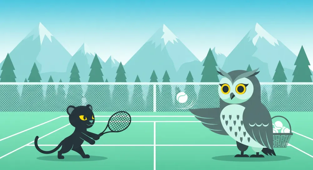 Lapsenhuoneen tapetti | Tennistä pelaava kisu ja vuoristomaisemassa opastava pöllö