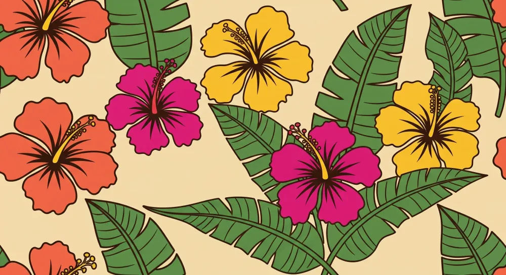 Lapsenhuoneen tapetti | Värikkäät hibiskuskukkat pehmeällä pohjalla