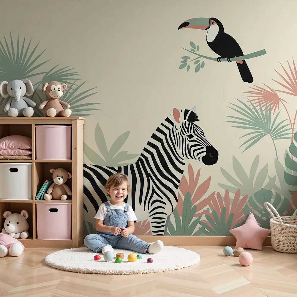 Lapsenhuoneen tapetti | Zebra ja tukaani värikkäässä viidakossa