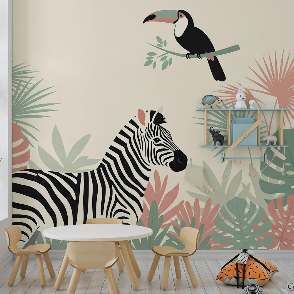 Lapsenhuoneen tapetti | Zebra ja tukaani värikkäässä viidakossa