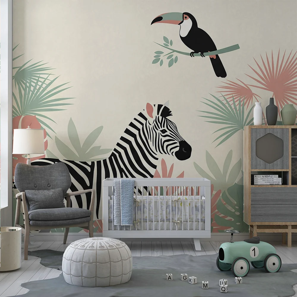 Lapsenhuoneen tapetti | Zebra ja tukaani värikkäässä viidakossa