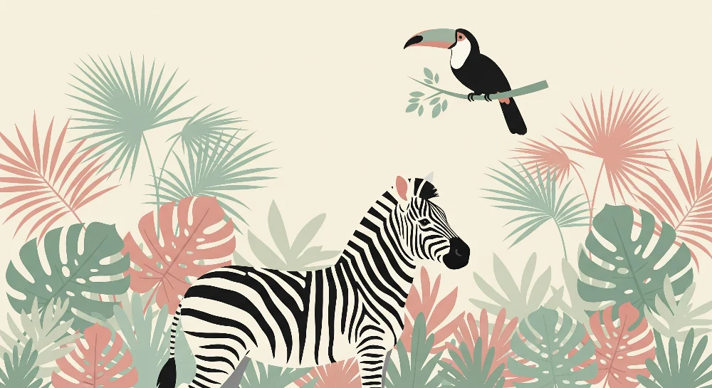 Lapsenhuoneen tapetti | Zebra ja tukaani värikkäässä viidakossa