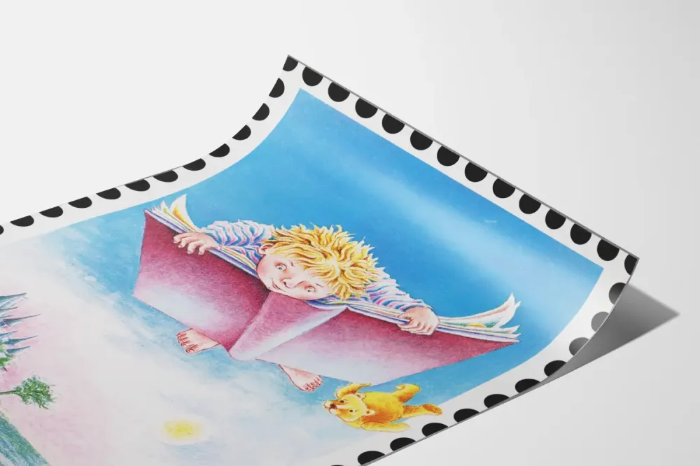 Lasten juliste, jossa lukee kirjaa lentävän linnan yllä satumaista linnaa