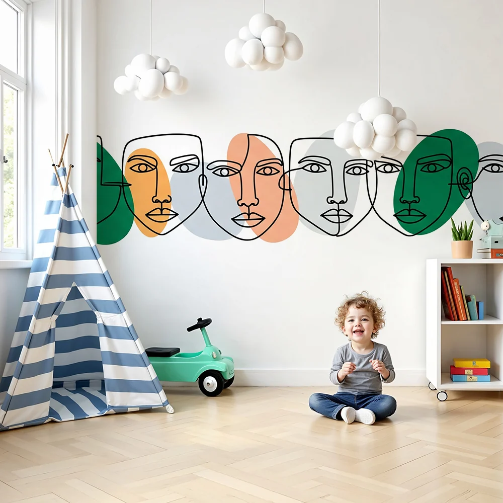 Lastenhuoneen tapetti | Abstrakteja kasvoja minimalistisilla viivoilla ja väriä