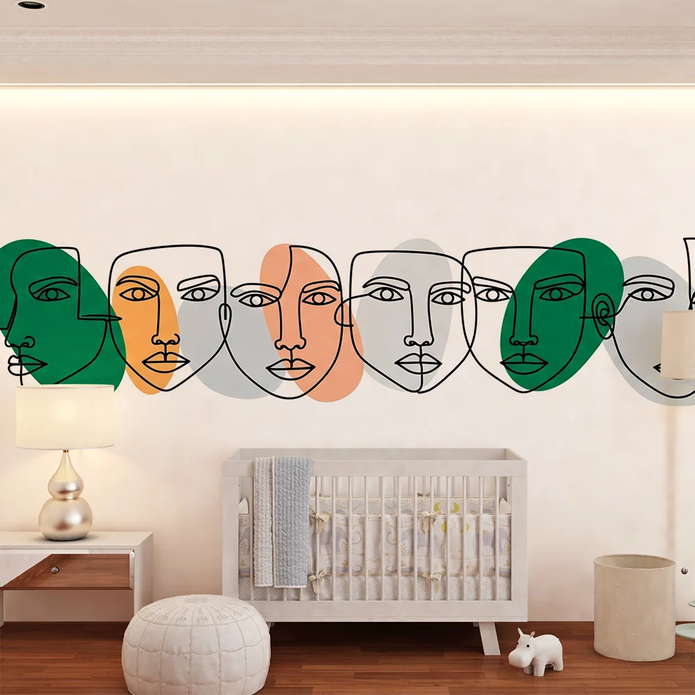 Lastenhuoneen tapetti | Abstrakteja kasvoja minimalistisilla viivoilla ja väriä