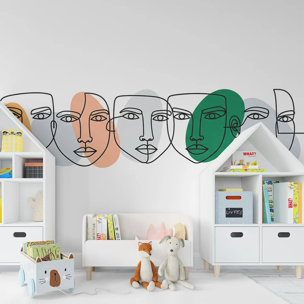 Lastenhuoneen tapetti | Abstrakteja kasvoja minimalistisilla viivoilla ja väriä