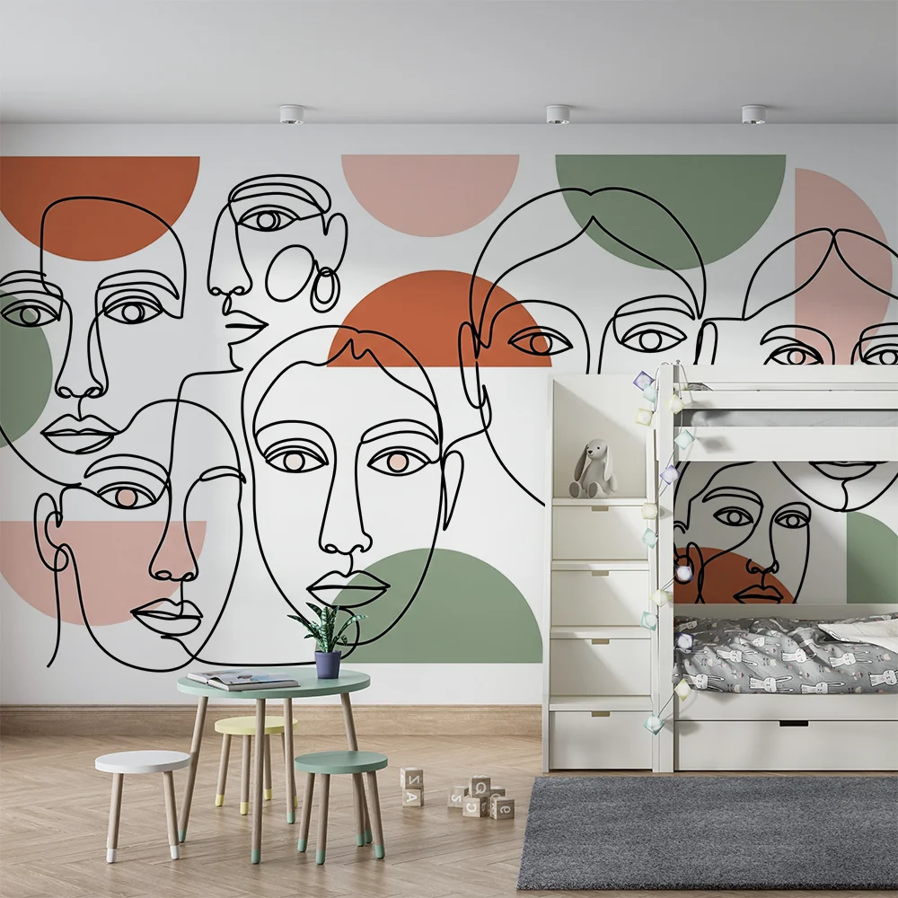 Lastenhuoneen tapetti | Abstraktit kasvot värikkäillä geometrisillä muodoilla