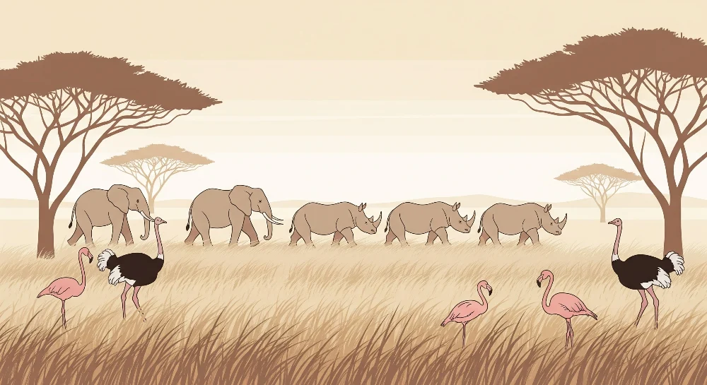 Lastenhuoneen tapetti | Afrikkalainen safari elefantteineen ja flamingoineen