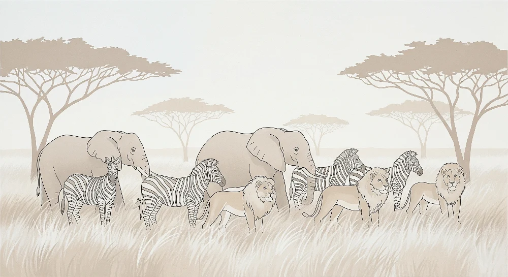 Lastenhuoneen tapetti | Afrikkalainen safari elefantteineen ja leijonineen