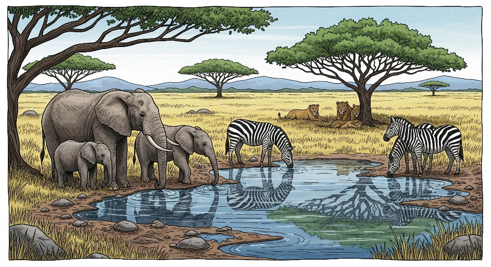 Lastenhuoneen tapetti | Afrikkalainen safari elefantteineen, seeprakuvioineen ja leijonineen