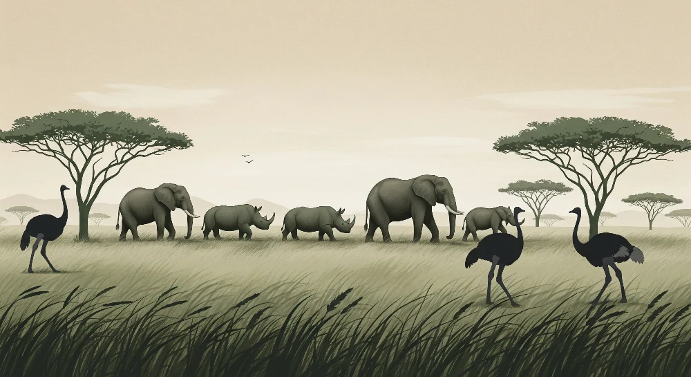 Lastenhuoneen tapetti | Afrikkalainen safari elefantteineen ja strutsien