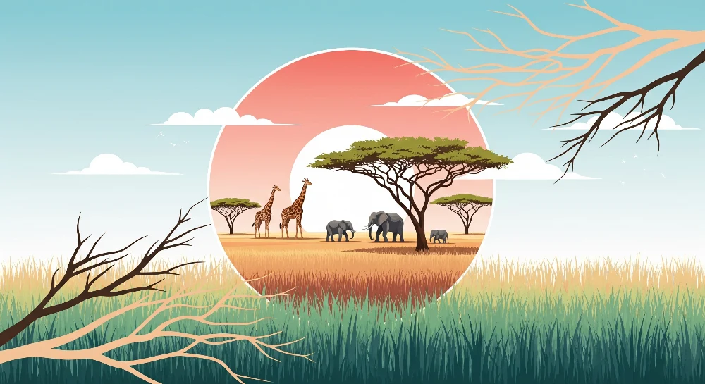 Lastenhuoneen tapetti | Afrikkalainen safari kirahveilla ja elefanteilla vaaleansinisellä taivaalla