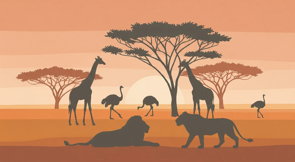 Lastenhuoneen tapetti | Afrikkalainen safari majesteettisilla eläimillä auringonlaskun aikaan
