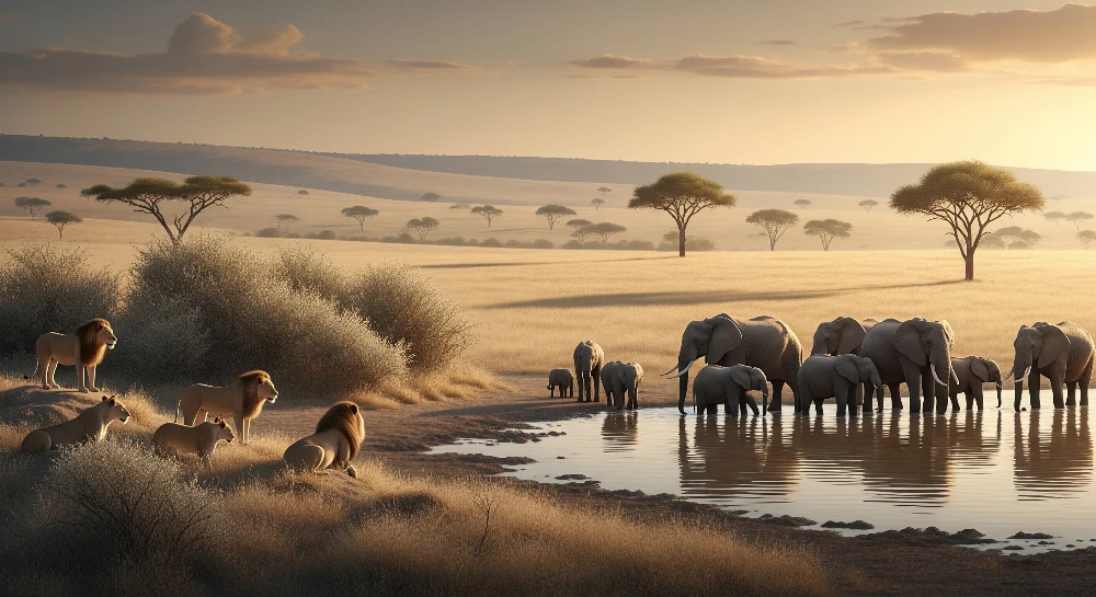 Lastenhuoneen tapetti | Afrikkalainen safariseinä, jossa on leijonia ja elefantteja auringonlaskun aikaan