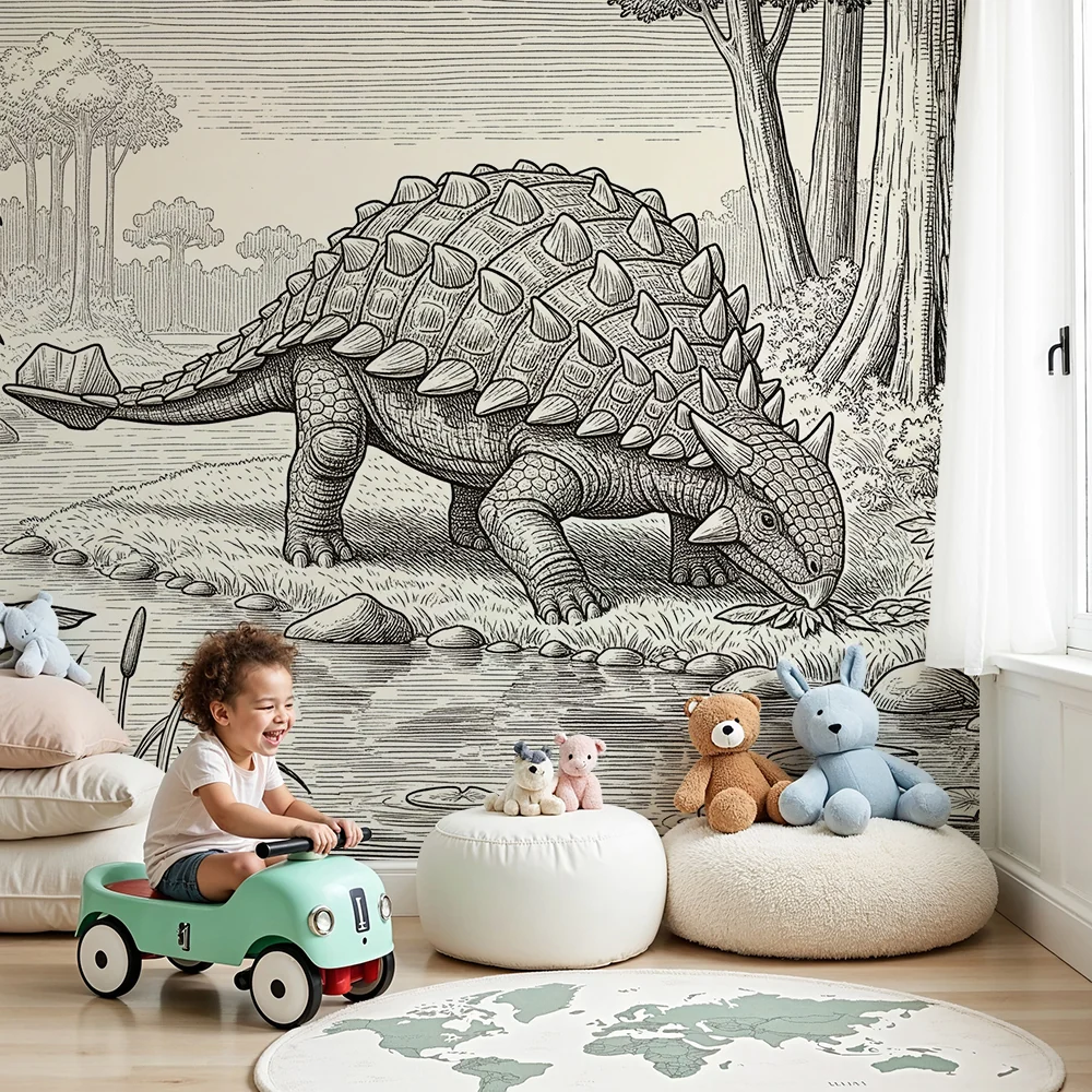 Lastenhuoneen tapetti | Ankylosaurus-dinosauruksen vieressä vedessä esihistoriallisessa viidakossa