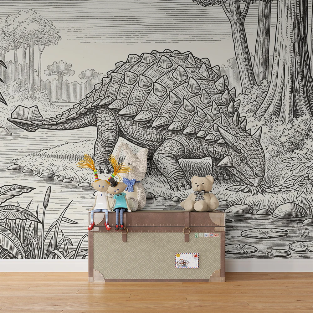 Lastenhuoneen tapetti | Ankylosaurus-dinosauruksen vieressä vedessä esihistoriallisessa viidakossa