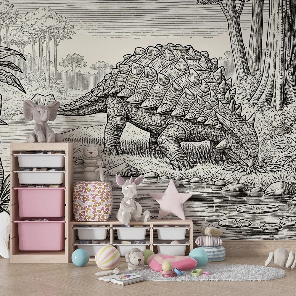 Lastenhuoneen tapetti | Ankylosaurus-dinosauruksen vieressä vedessä esihistoriallisessa viidakossa