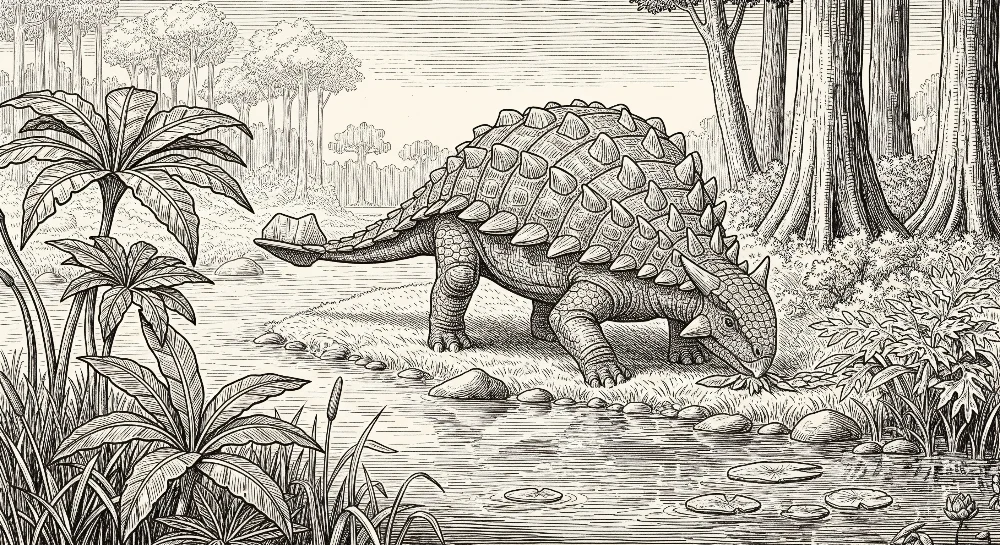 Lastenhuoneen tapetti | Ankylosaurus-dinosauruksen vieressä vedessä esihistoriallisessa viidakossa
