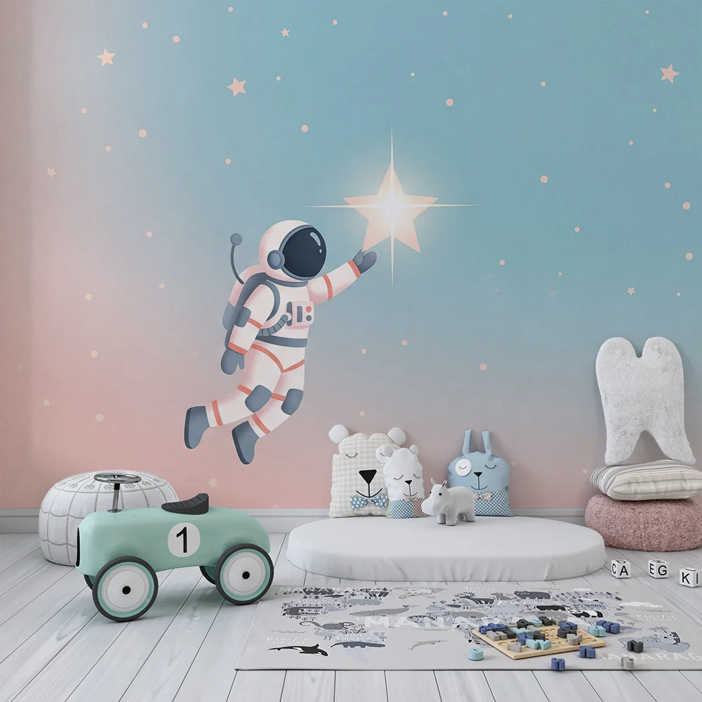 Lastenhuoneen tapetti | Astronautti koskettamassa tähteä pastellinsinisellä taivaalla