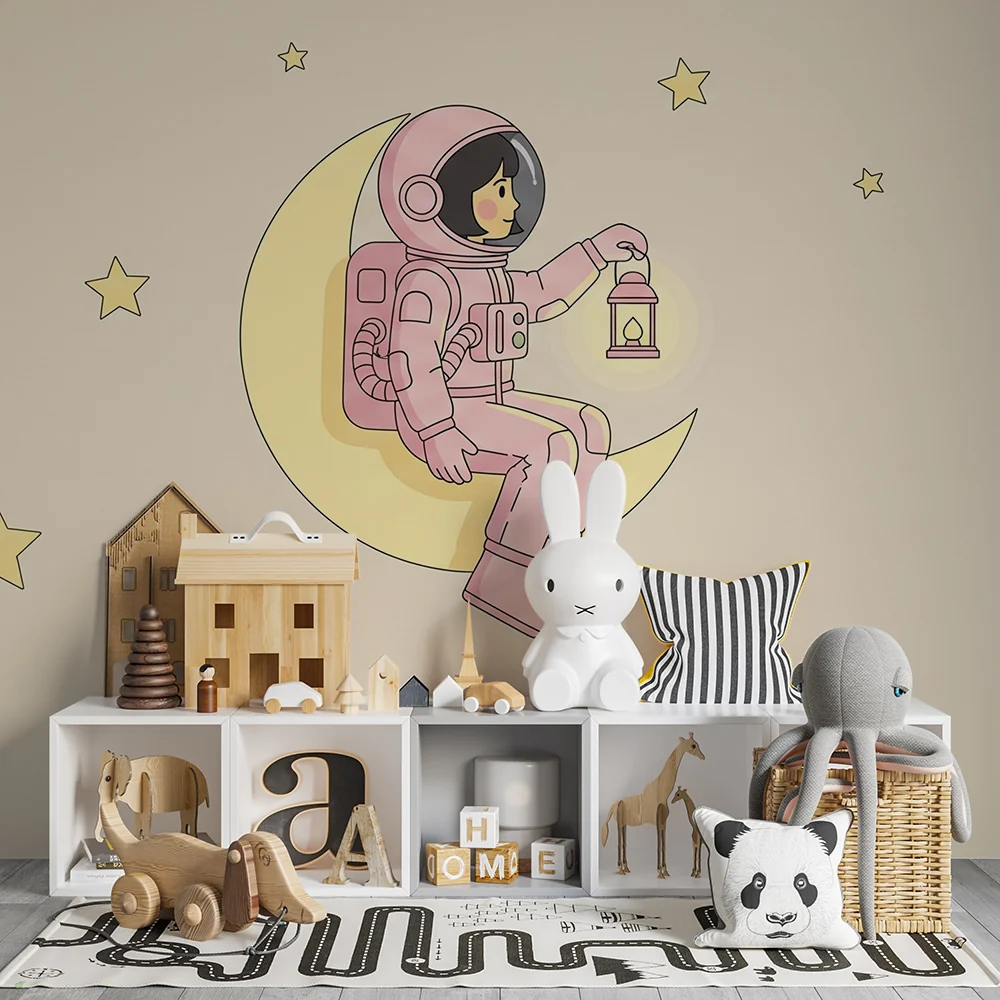 Lastenhuoneen tapetti | Söpö astronautti kuussa kultaisilla tähdillä