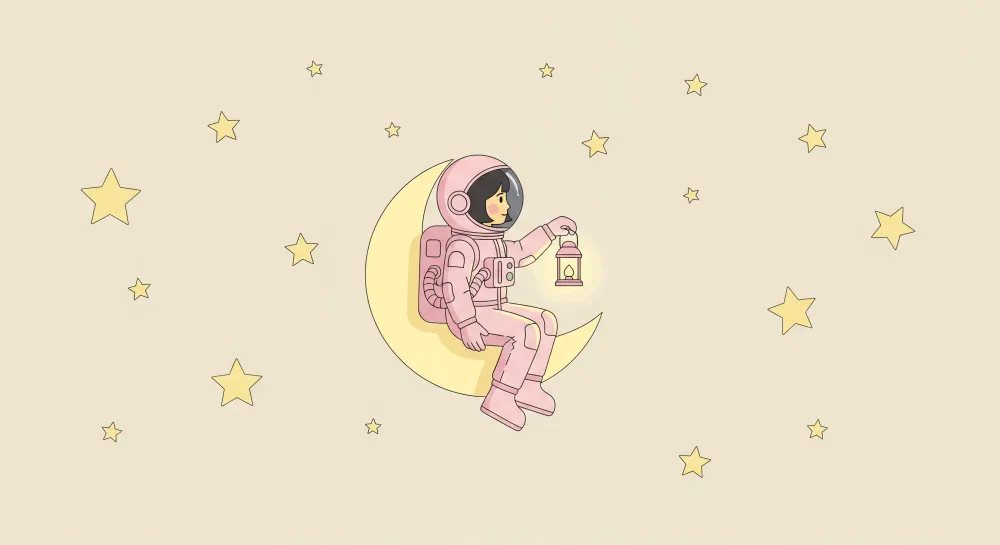 Lastenhuoneen tapetti | Söpö astronautti kuussa kultaisilla tähdillä