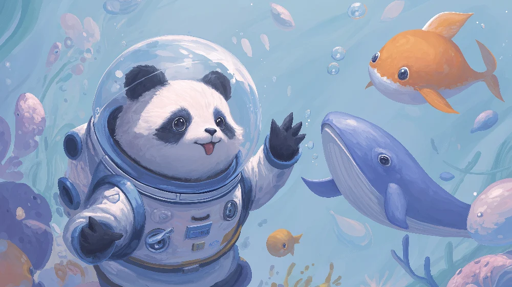 Lastenhuoneen tapetti | Astronauttipanda tutkimassa valtamerta merikavereidensa kanssa