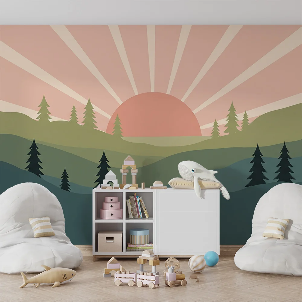 Lastenhuoneen tapetti | Auringonnousu vihreillä kukkuloilla