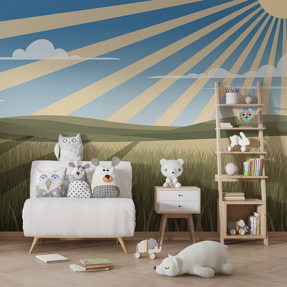 Lastenhuoneen tapetti | Aurinkoinen maisema pelloilla ja kukkuloilla