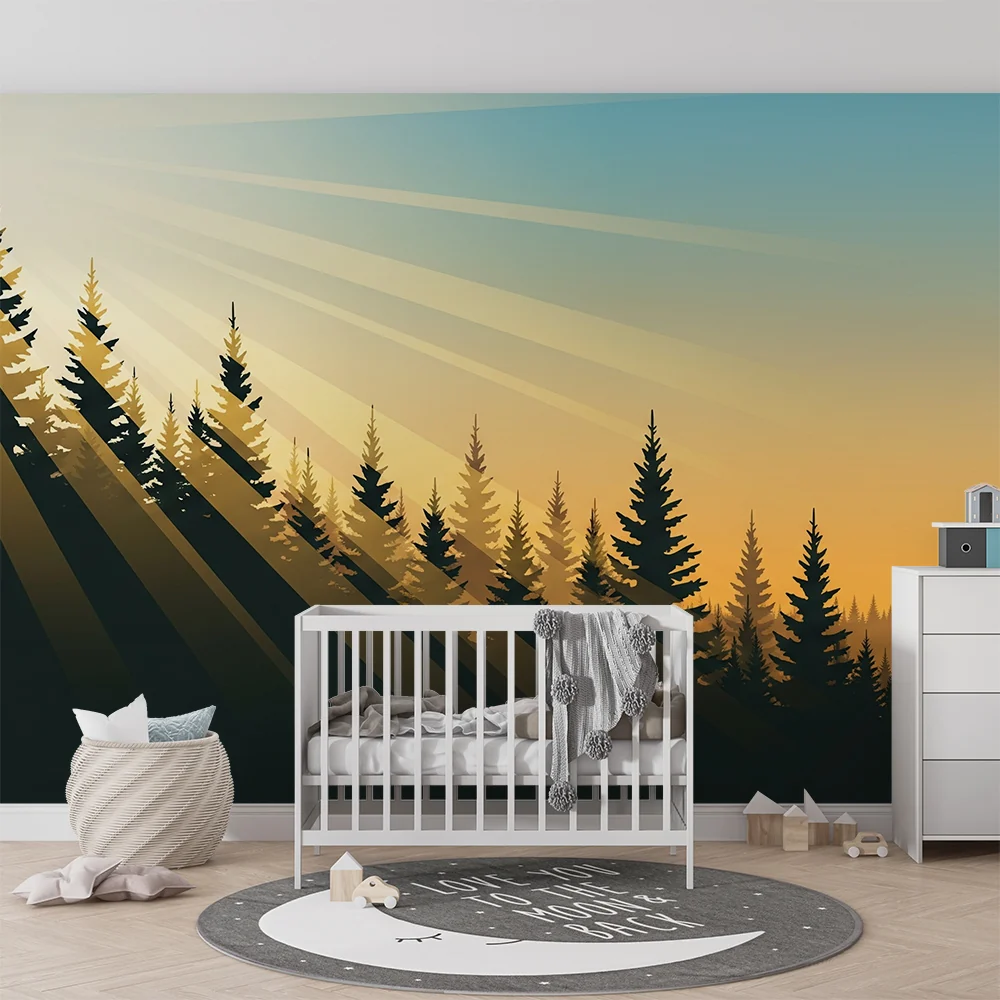 Lastenhuoneen tapetti | Aurinkoinen metsä majesteettisten puiden silueteilla