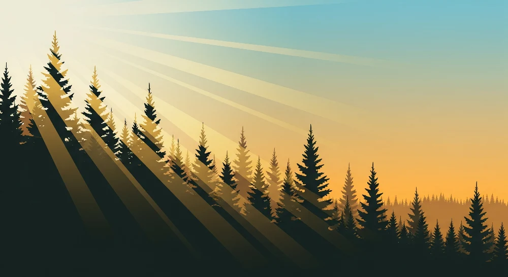 Lastenhuoneen tapetti | Aurinkoinen metsä majesteettisten puiden silueteilla