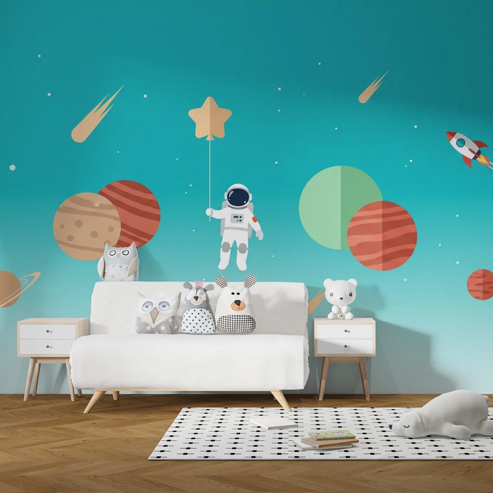 Lastenhuoneen tapetti | Avaruuden tutkimus astronautille ja sinisellä taustalla olevat planeetat