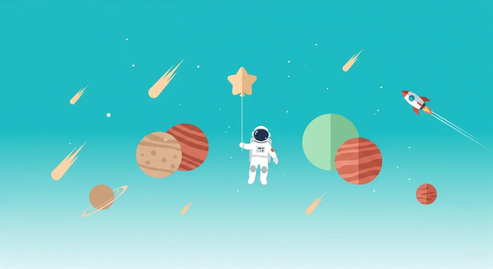 Lastenhuoneen tapetti | Avaruuden tutkimus astronautille ja sinisellä taustalla olevat planeetat
