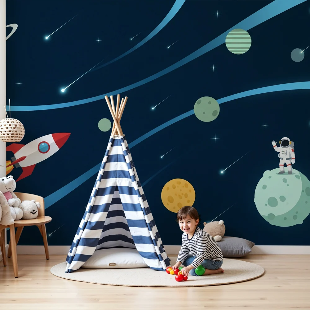 Lastenhuoneen tapetti | Avaruusseikkailu rakettien ja astronautin kanssa