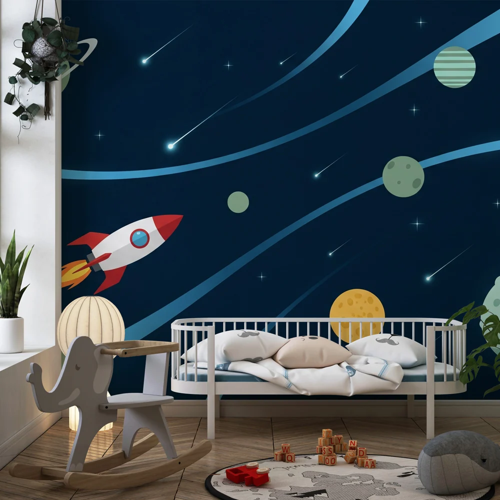 Lastenhuoneen tapetti | Avaruusseikkailu rakettien ja astronautin kanssa