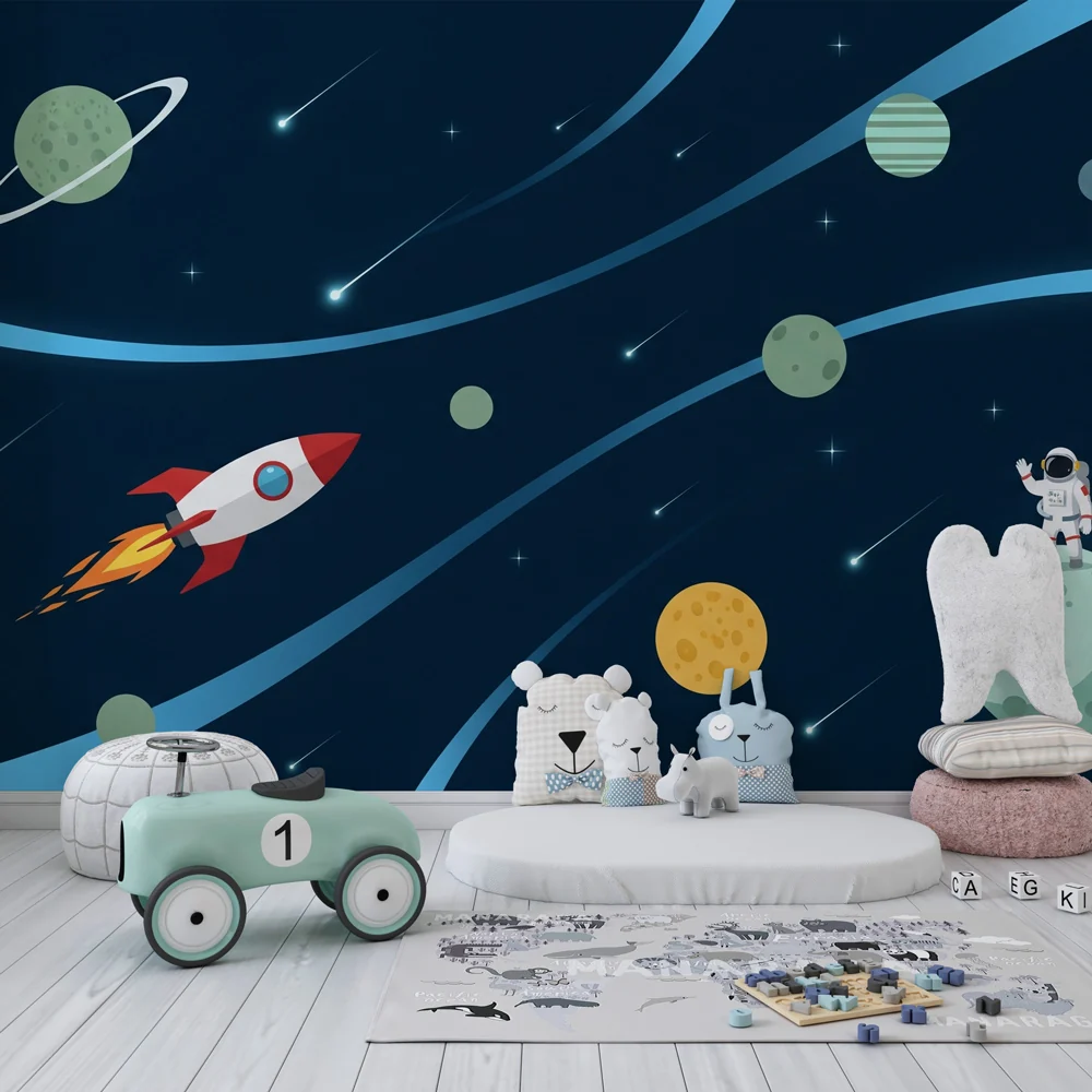 Lastenhuoneen tapetti | Avaruusseikkailu rakettien ja astronautin kanssa