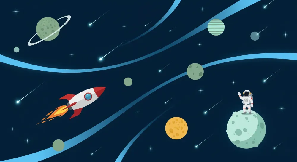 Lastenhuoneen tapetti | Avaruusseikkailu rakettien ja astronautin kanssa