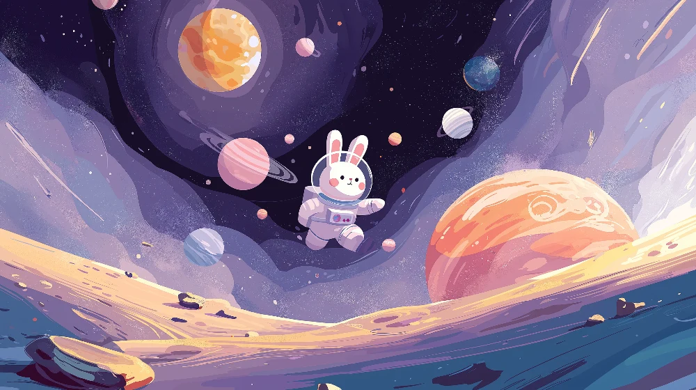 Lastenhuoneen tapetti | Avaruutta tutkiva astronautti pupu