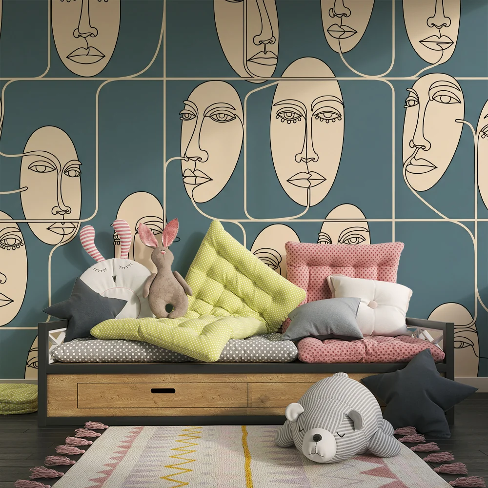 Lastenhuoneen tapetti | Beige kasvot sinisellä pohjalla