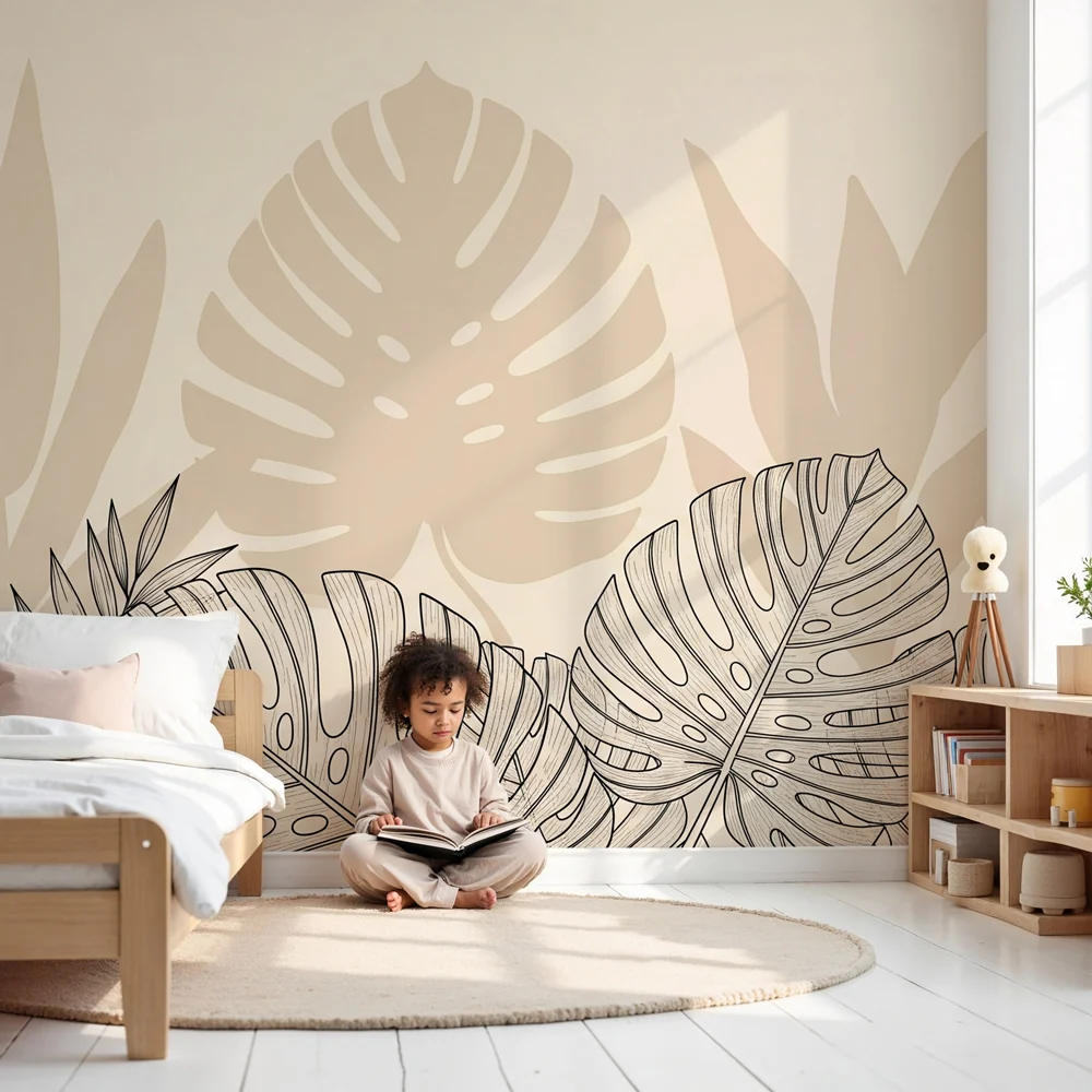 Lastenhuoneen tapetti | Beige trooppiset lehdet varjostuksella