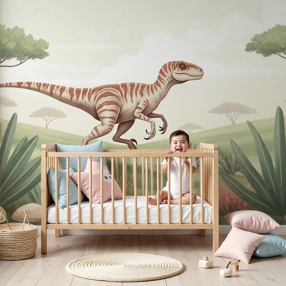 Lastenhuoneen tapetti | Dinosauruksen juoksu esihistoriallisessa maisemassa