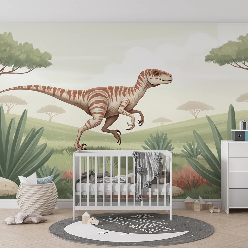 Lastenhuoneen tapetti | Dinosauruksen juoksu esihistoriallisessa maisemassa
