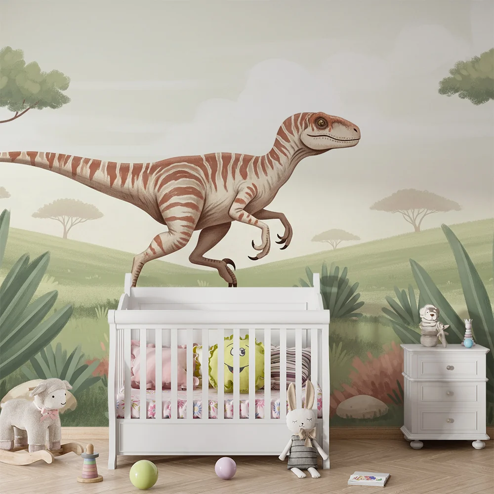Lastenhuoneen tapetti | Dinosauruksen juoksu esihistoriallisessa maisemassa