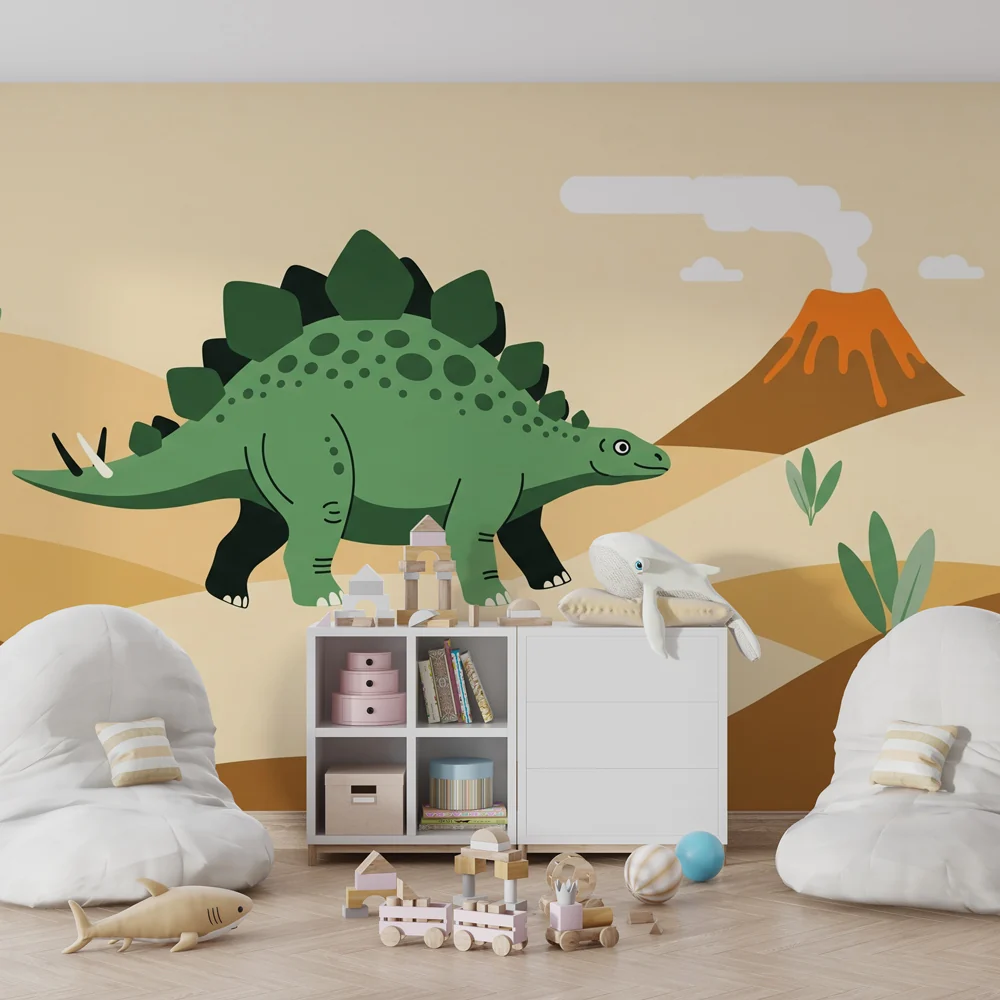 Lastenhuoneen tapetti | Dinosauruksen ja sen aktiivisen tulivuoren