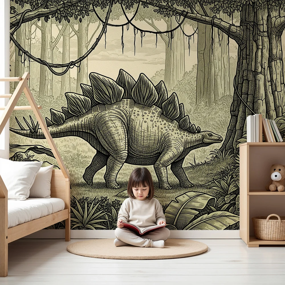 Lastenhuoneen tapetti | Dinosauruksen stegosaurus viidakon esihistoriallisessa ympäristössä