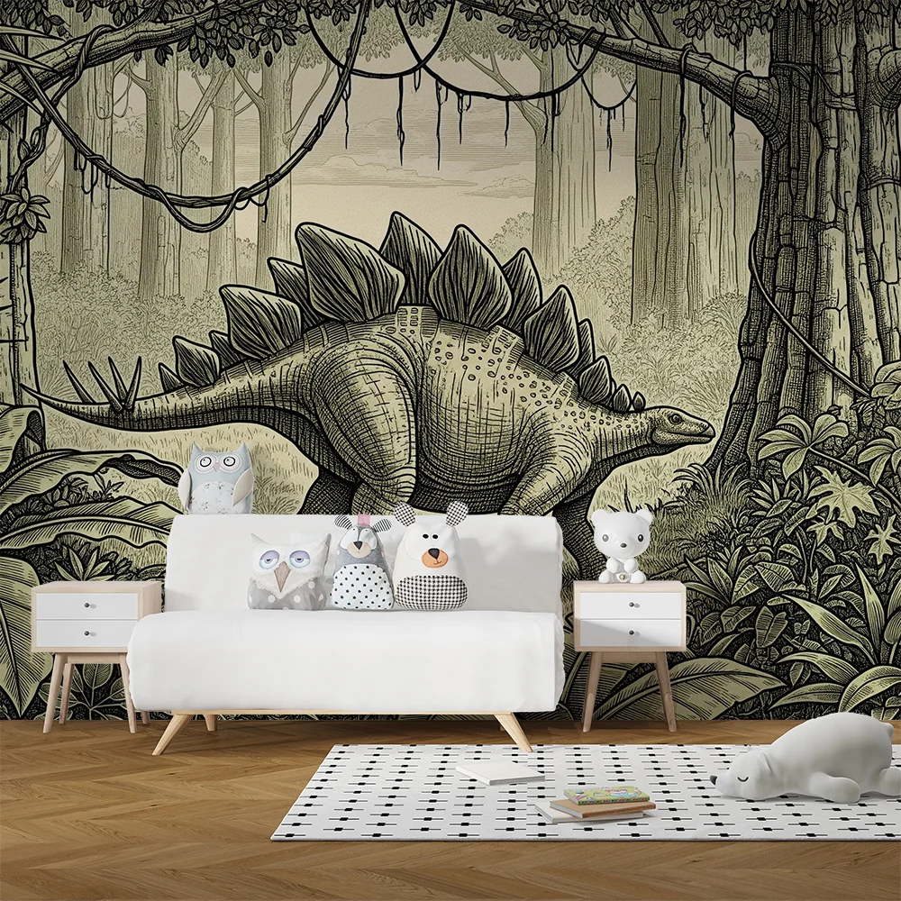Lastenhuoneen tapetti | Dinosauruksen stegosaurus viidakon esihistoriallisessa ympäristössä